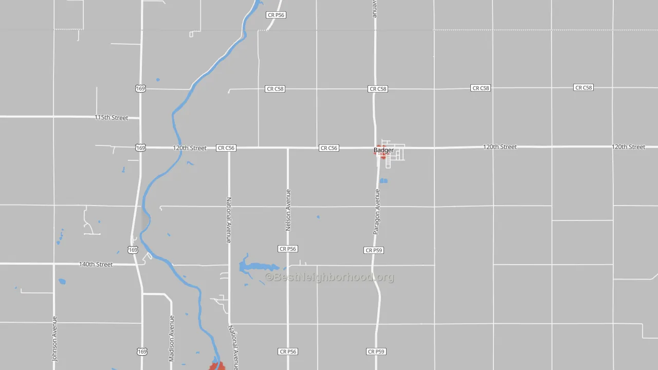 Walk Grade map of Badger, IA, walkable areas in green and car-dependent areas in red