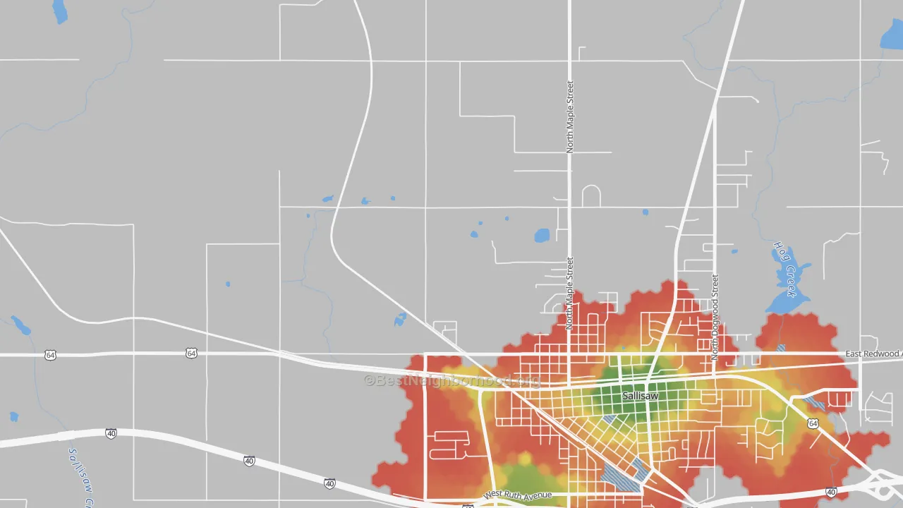 Walk Grade map of Badger Lee, OK, walkable areas in green and car-dependent areas in red