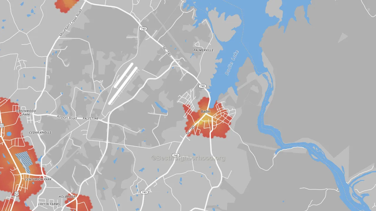 Walk Grade map of Badin, NC, walkable areas in green and car-dependent areas in red
