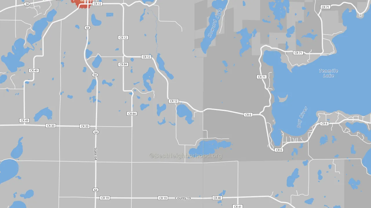 Walk Grade map of Badoura, MN, walkable areas in green and car-dependent areas in red