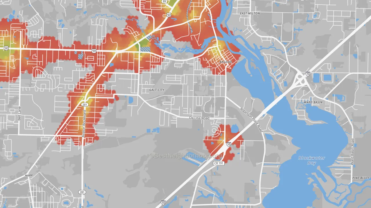 Walk Grade map of Bagdad, FL, walkable areas in green and car-dependent areas in red