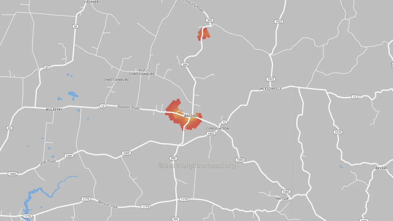 Walk Grade map of Bagdad, KY, walkable areas in green and car-dependent areas in red