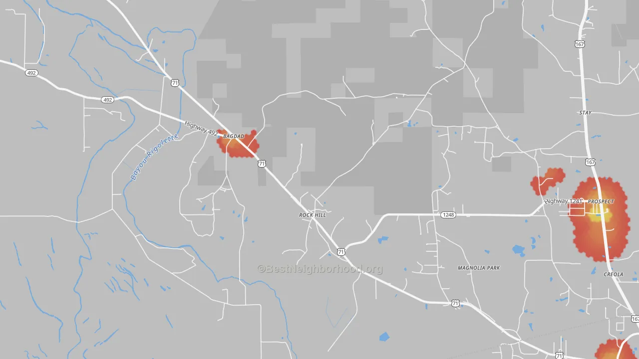 Walk Grade map of Bagdad, LA, walkable areas in green and car-dependent areas in red