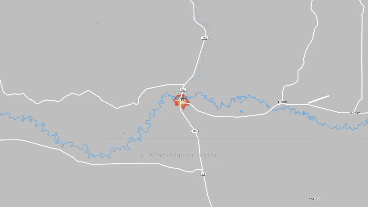 Walk Grade map of Baggs, WY, walkable areas in green and car-dependent areas in red