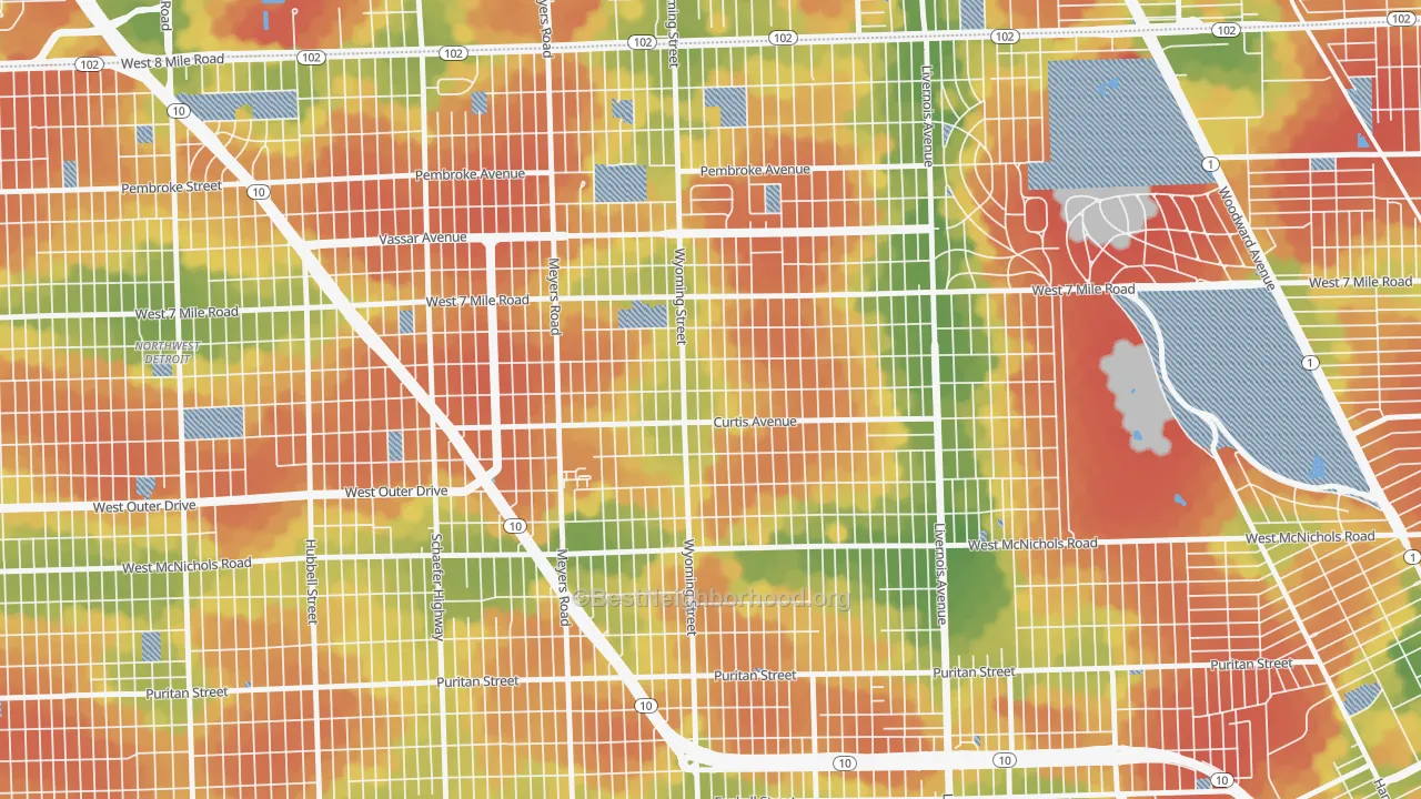 Walk Grade map of Bagley, Detroit, MI, walkable areas in green and car-dependent areas in red