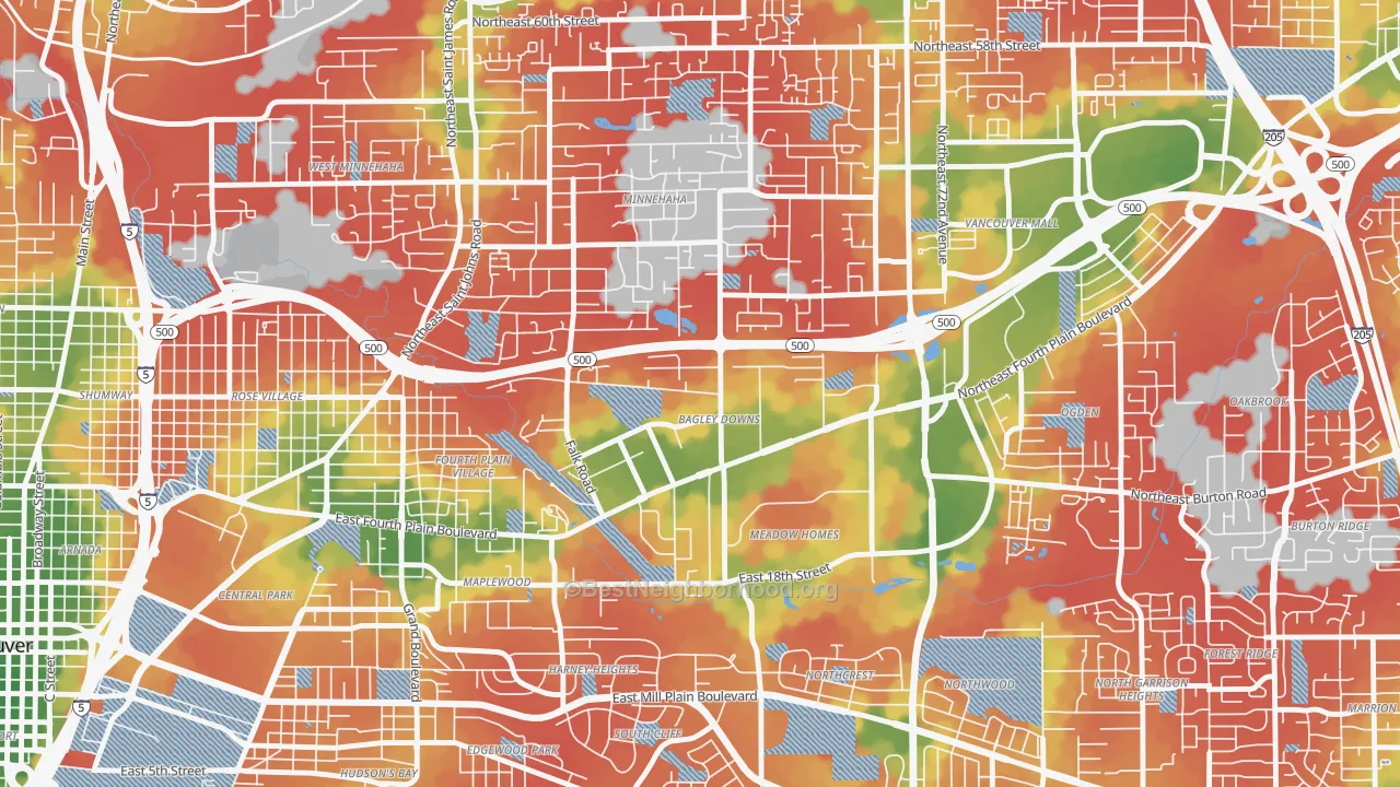 Walk Grade map of Bagley Downs, Vancouver, WA, walkable areas in green and car-dependent areas in red