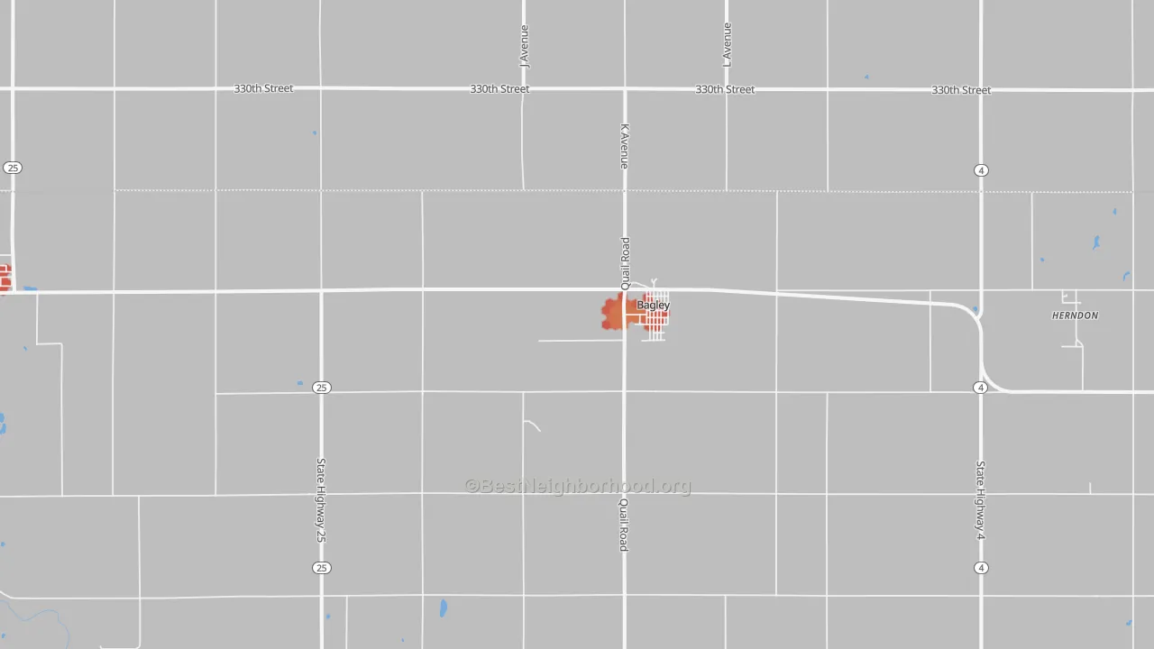 Walk Grade map of Bagley, IA, walkable areas in green and car-dependent areas in red