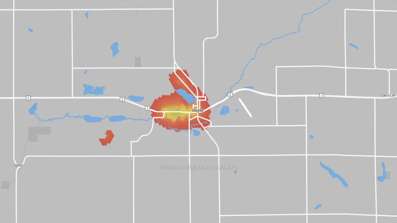 Walk Grade map of Bagley, MN, walkable areas in green and car-dependent areas in red