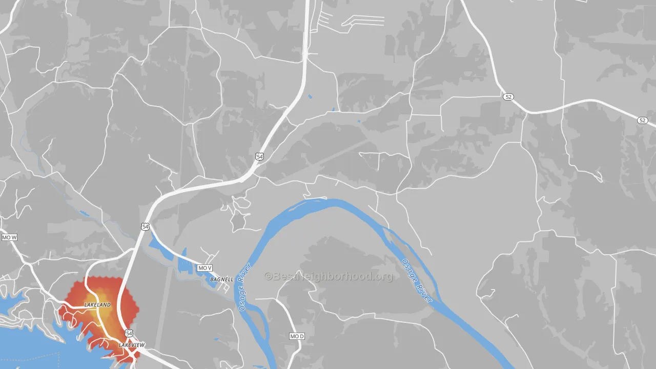 Walk Grade map of Bagnell, MO, walkable areas in green and car-dependent areas in red