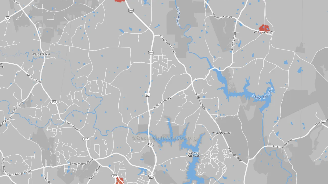 Walk Grade map of Bahama, NC, walkable areas in green and car-dependent areas in red