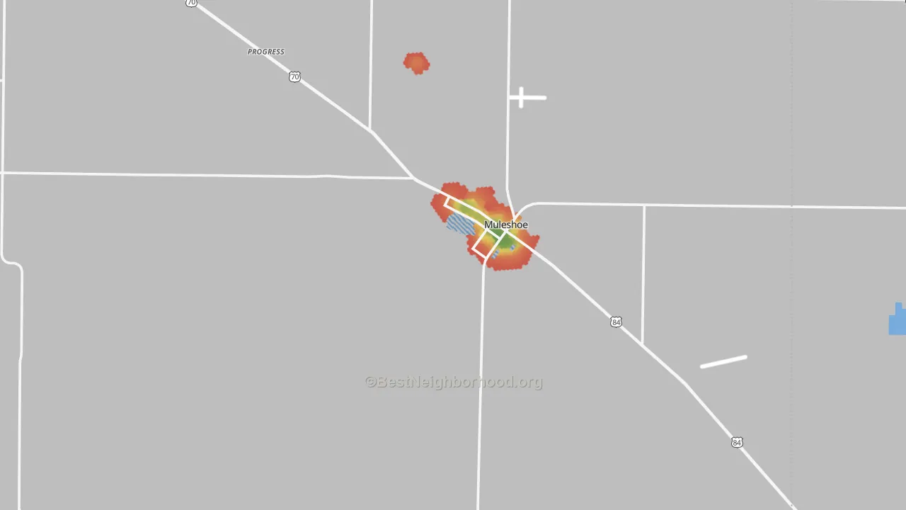 Walk Grade map of Bailey County, TX, walkable areas in green and car-dependent areas in red