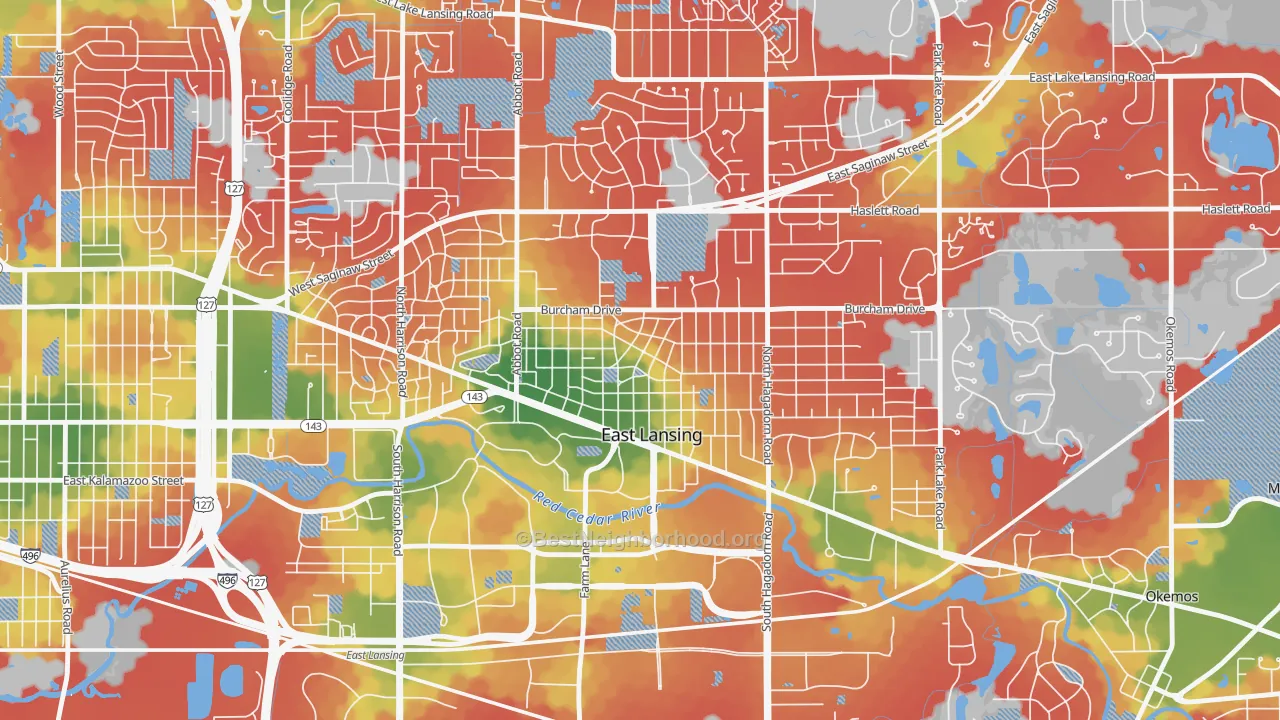 Walk Grade map of Bailey, East Lansing, MI, walkable areas in green and car-dependent areas in red