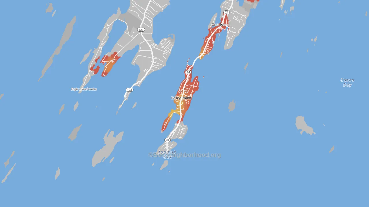 Walk Grade map of Bailey Island, ME, walkable areas in green and car-dependent areas in red