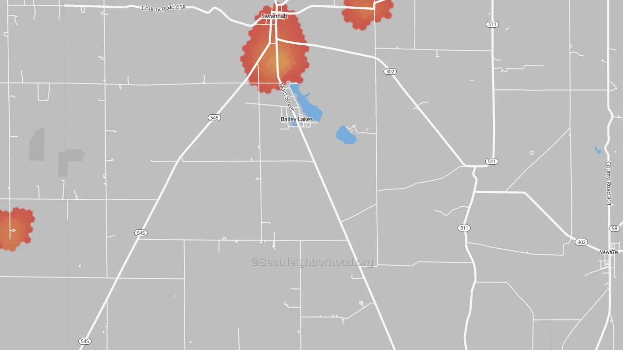 Walk Grade map of Bailey Lakes, OH, walkable areas in green and car-dependent areas in red