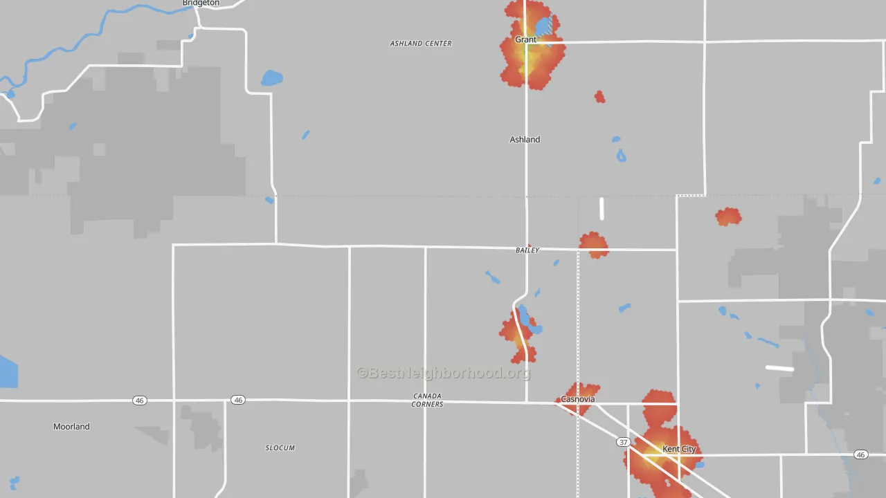 Walk Grade map of Bailey, MI, walkable areas in green and car-dependent areas in red