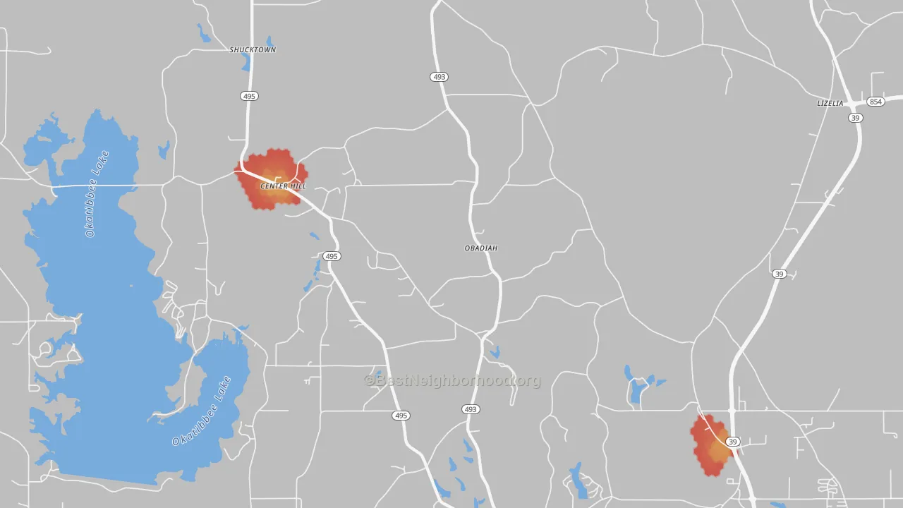 Walk Grade map of Bailey, MS, walkable areas in green and car-dependent areas in red