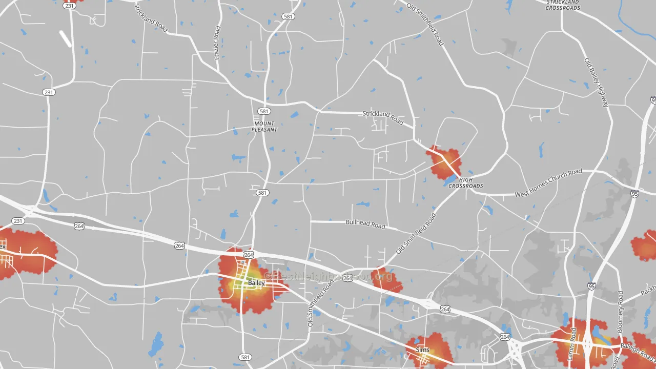 Walk Grade map of Bailey, NC, walkable areas in green and car-dependent areas in red