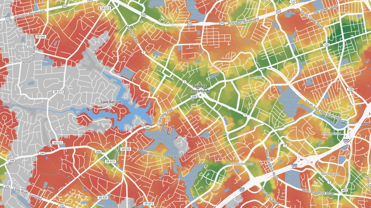 Walk Grade map of Bailey's Crossroads, Falls Church, VA, walkable areas in green and car-dependent areas in red