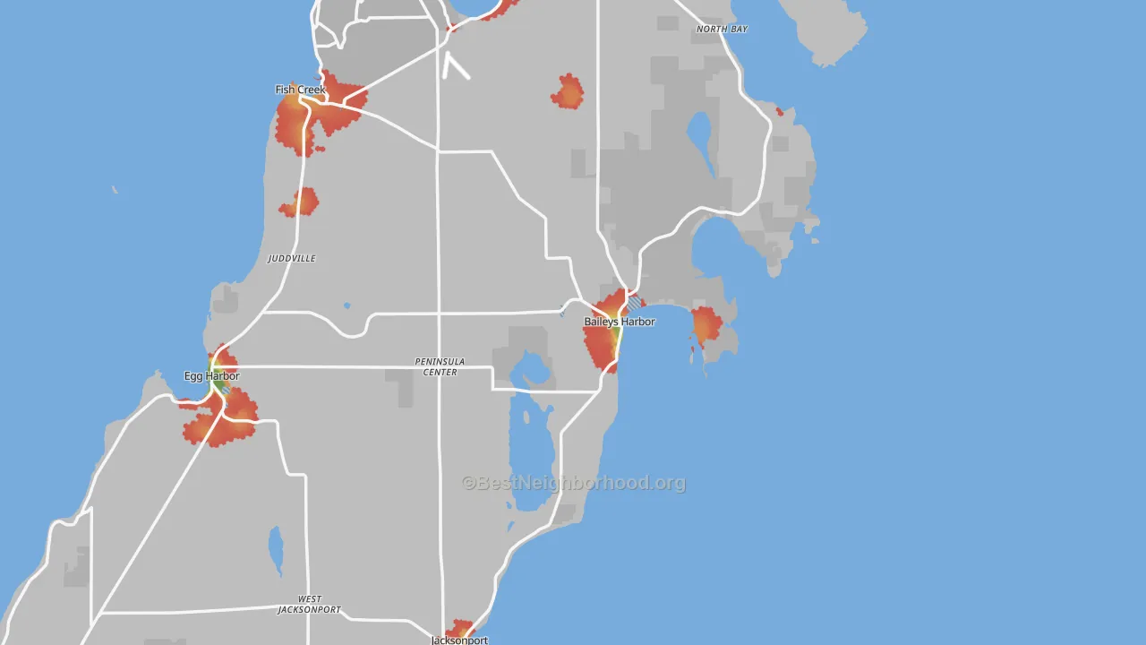 Walk Grade map of Baileys Harbor, WI, walkable areas in green and car-dependent areas in red