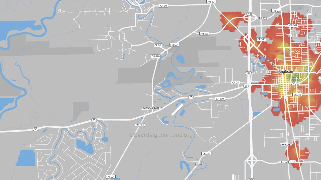Walk Grade map of Baileys Prairie, TX, walkable areas in green and car-dependent areas in red