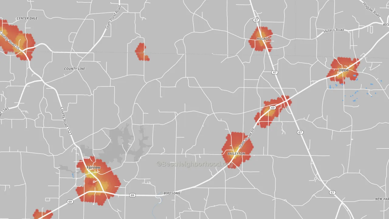 Walk Grade map of Baileyton, AL, walkable areas in green and car-dependent areas in red