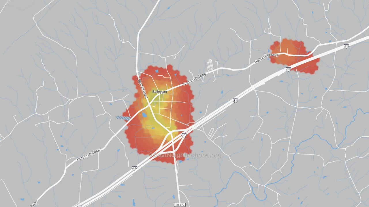Walk Grade map of Baileyton, TN, walkable areas in green and car-dependent areas in red