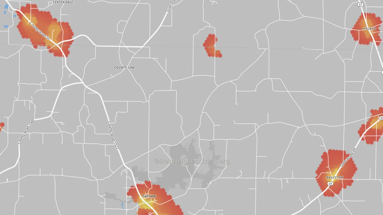Walk Grade map of Baileytown, AL, walkable areas in green and car-dependent areas in red