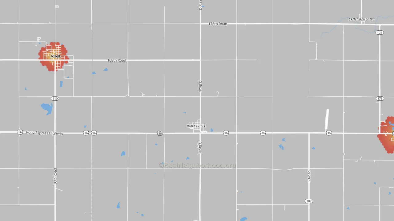 Walk Grade map of Baileyville, KS, walkable areas in green and car-dependent areas in red