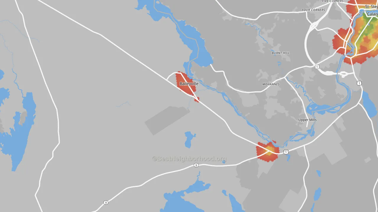 Walk Grade map of Baileyville, ME, walkable areas in green and car-dependent areas in red