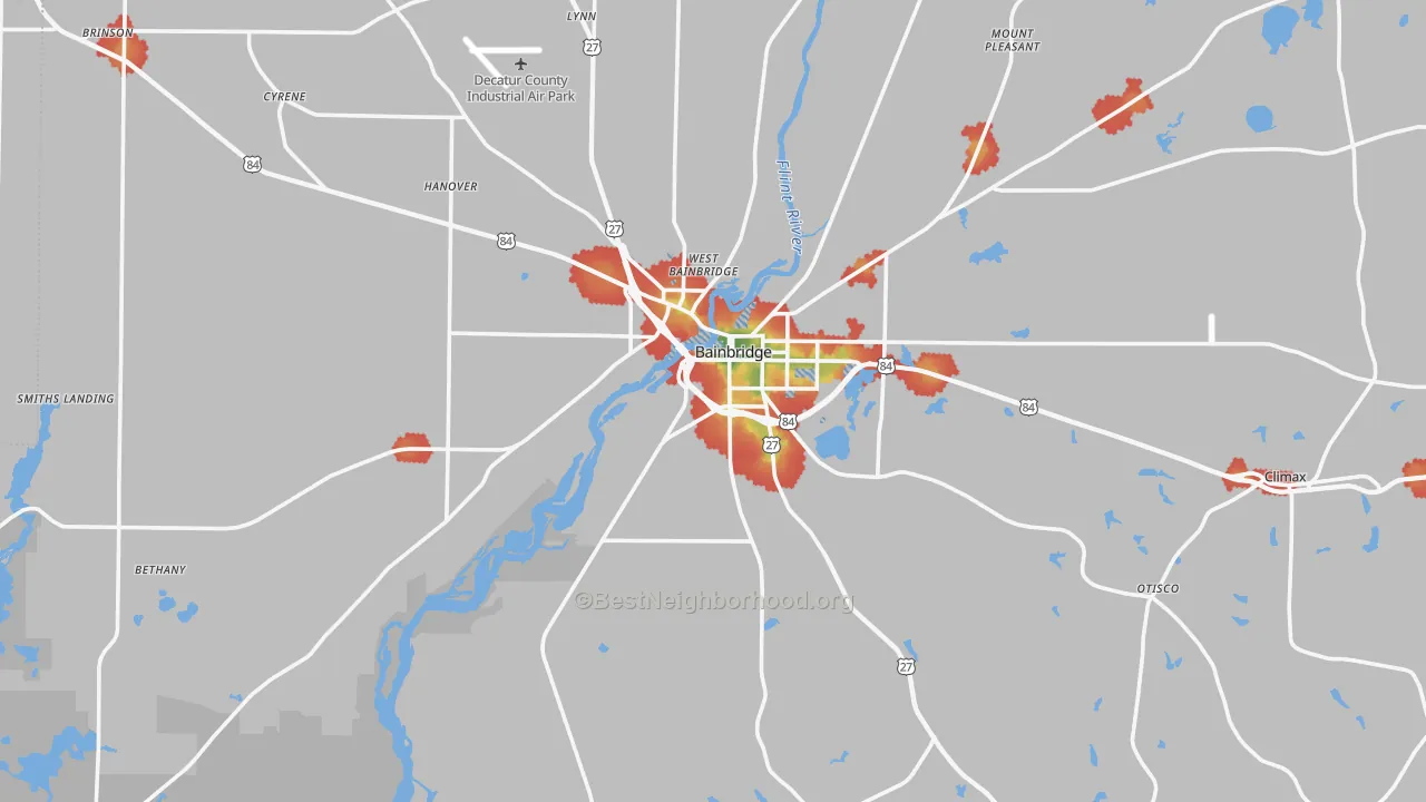 Walk Grade map of Bainbridge, GA, walkable areas in green and car-dependent areas in red