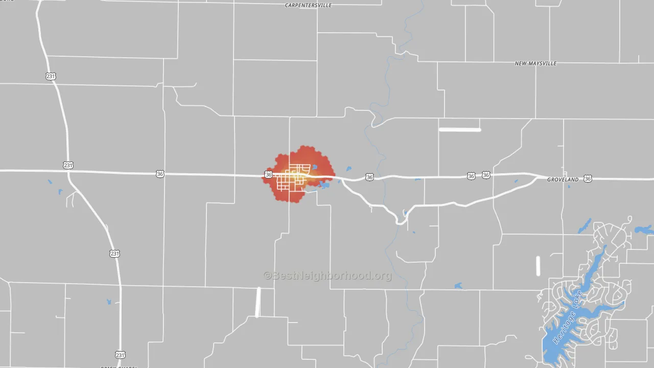 Walk Grade map of Bainbridge, IN, walkable areas in green and car-dependent areas in red