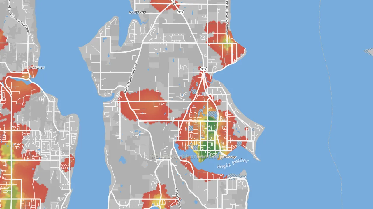 Walk Grade map of Bainbridge Island, WA, walkable areas in green and car-dependent areas in red