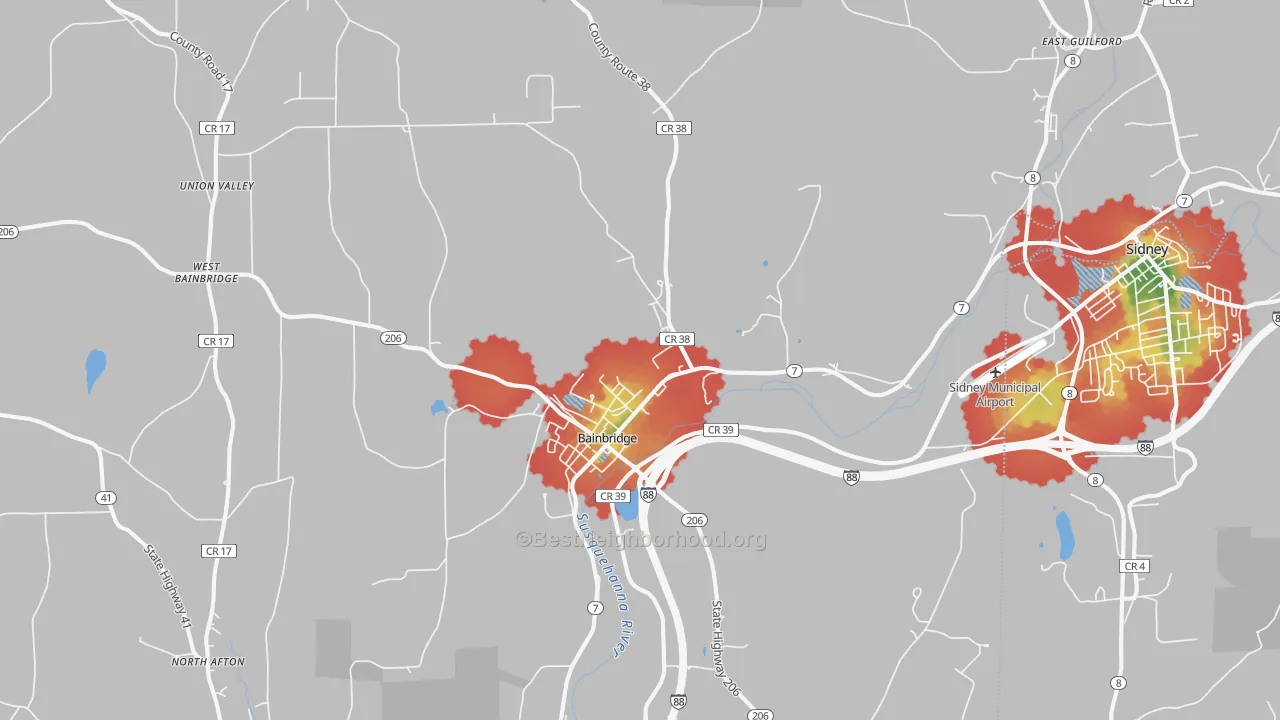 Walk Grade map of Bainbridge, NY, walkable areas in green and car-dependent areas in red