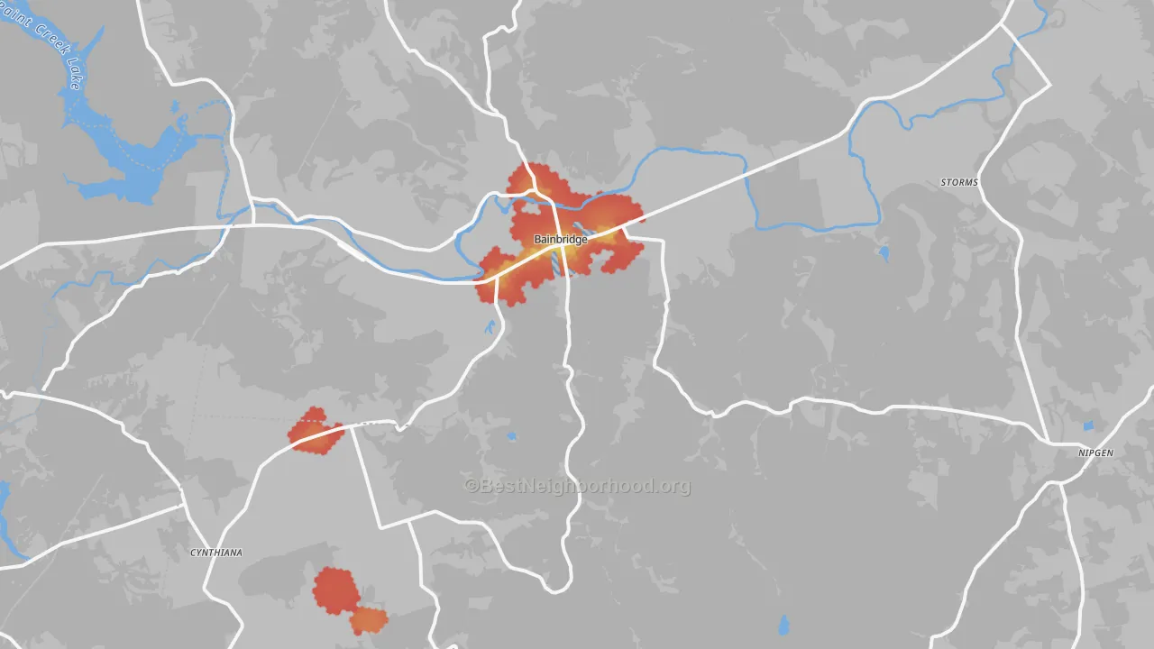 Walk Grade map of Bainbridge, OH, walkable areas in green and car-dependent areas in red