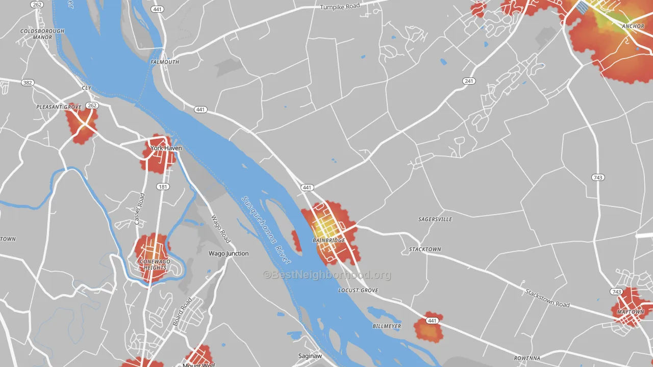 Walk Grade map of Bainbridge, PA, walkable areas in green and car-dependent areas in red