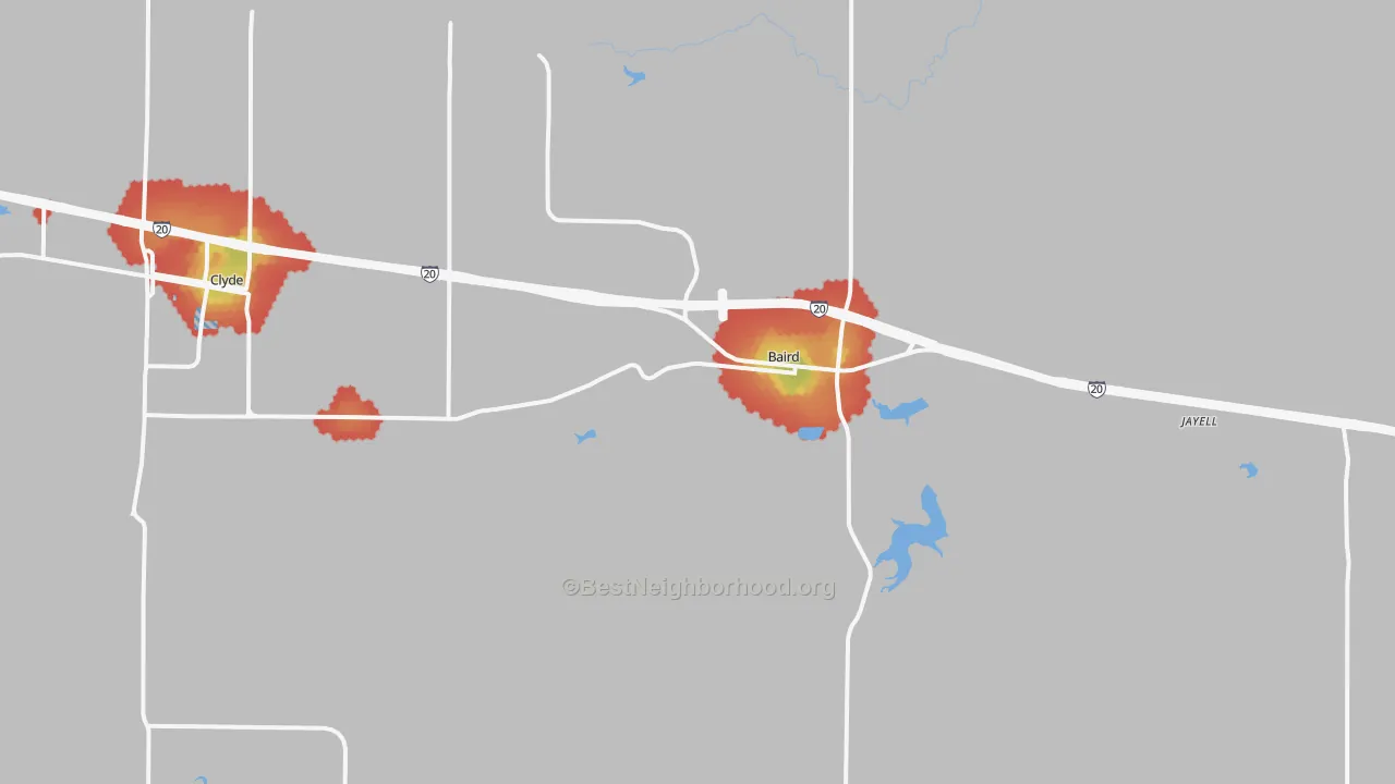 Walk Grade map of Baird, TX, walkable areas in green and car-dependent areas in red
