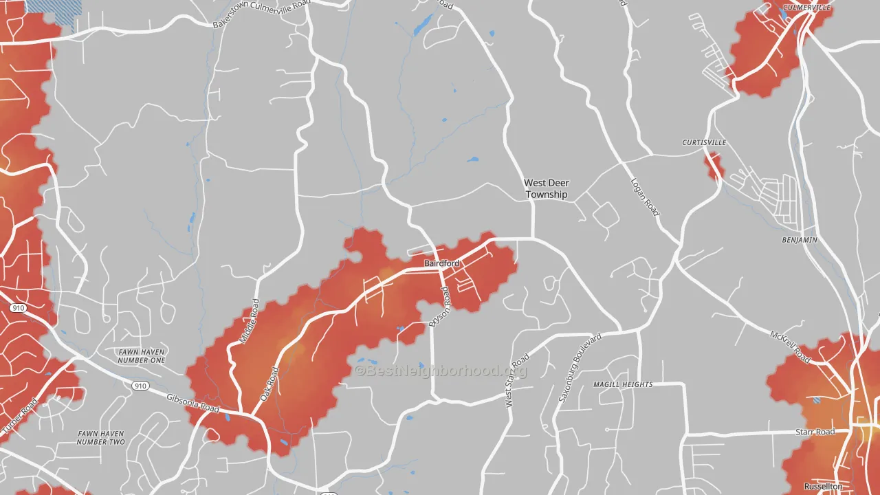 Walk Grade map of Bairdford, PA, walkable areas in green and car-dependent areas in red