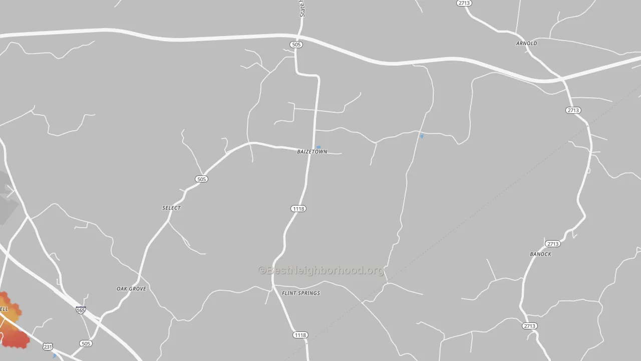 Walk Grade map of Baizetown, KY, walkable areas in green and car-dependent areas in red