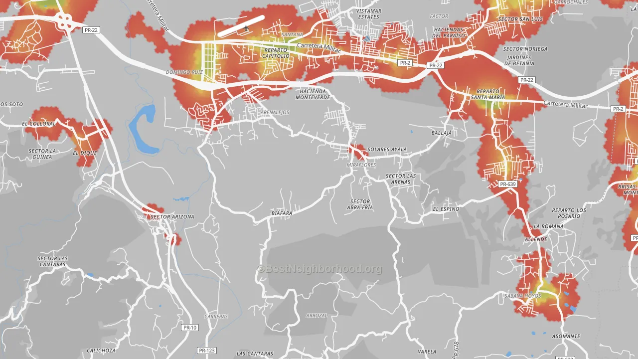 Walk Grade map of Bajadero, PR, walkable areas in green and car-dependent areas in red