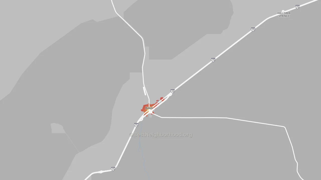 Walk Grade map of Baker, CA, walkable areas in green and car-dependent areas in red