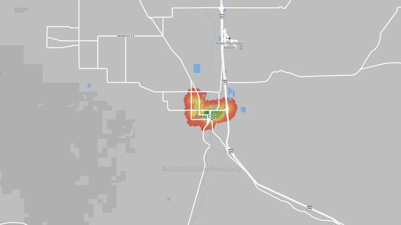 Walk Grade map of Baker City, OR, walkable areas in green and car-dependent areas in red