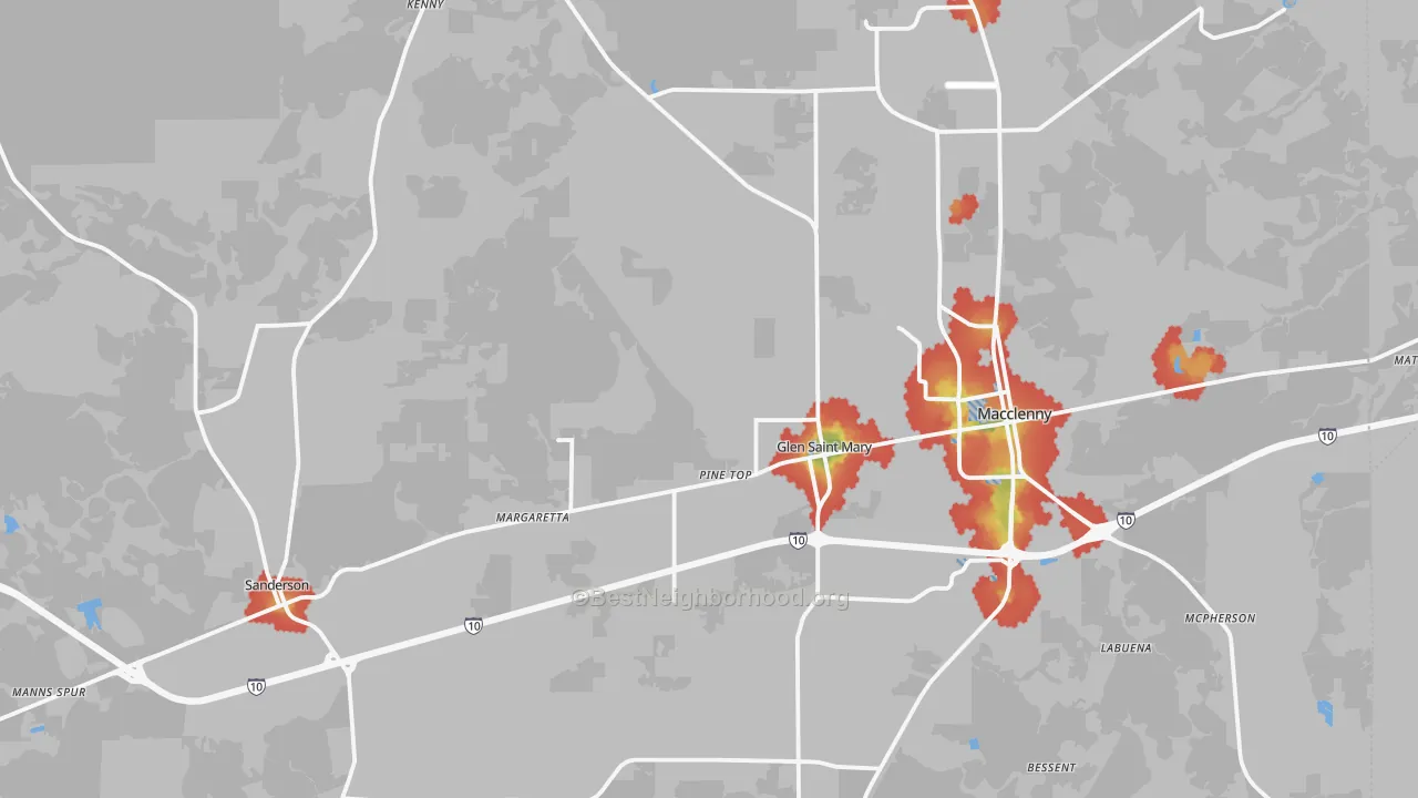 Walk Grade map of Baker County, FL, walkable areas in green and car-dependent areas in red