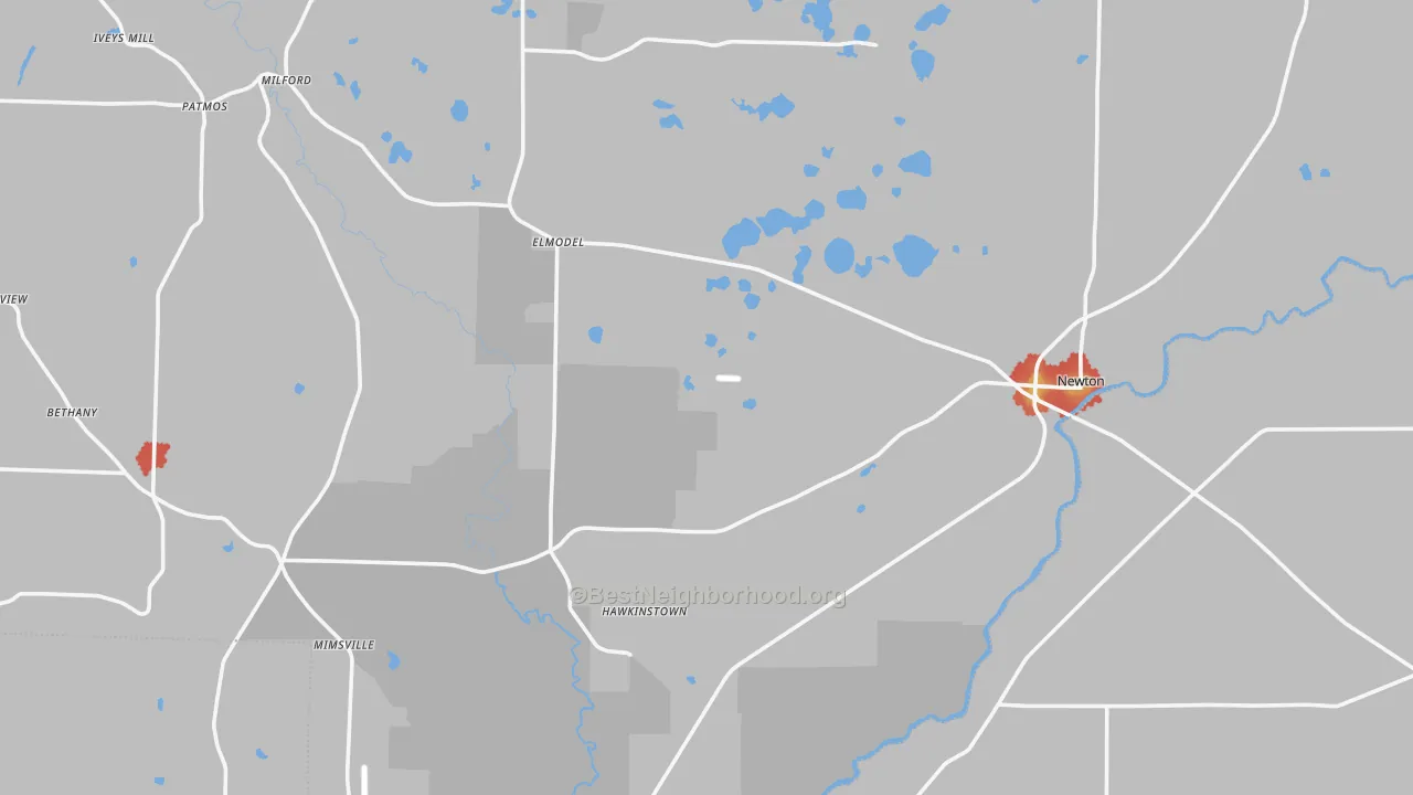 Walk Grade map of Baker County, GA, walkable areas in green and car-dependent areas in red