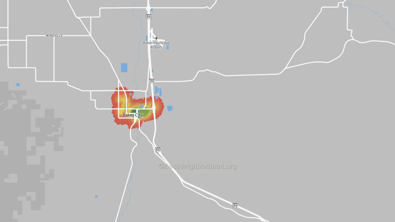Walk Grade map of Baker County, OR, walkable areas in green and car-dependent areas in red