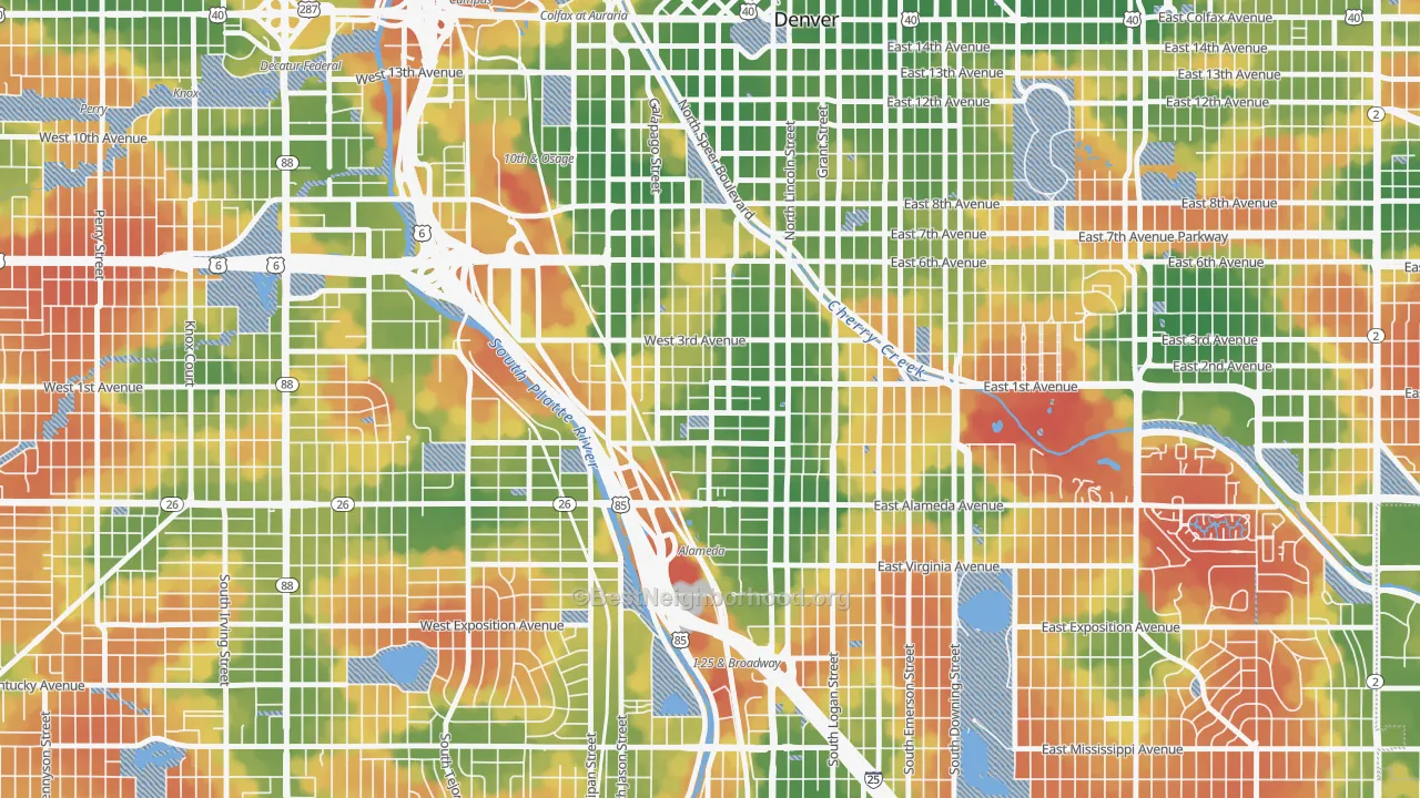 Walk Grade map of Baker, Denver, CO, walkable areas in green and car-dependent areas in red
