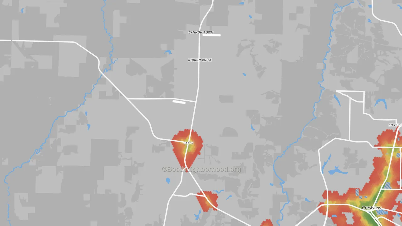Walk Grade map of Baker, FL, walkable areas in green and car-dependent areas in red