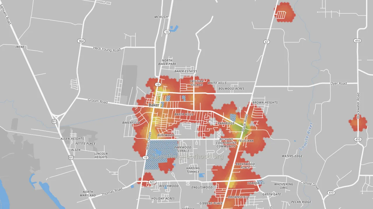 Walk Grade map of Baker, LA, walkable areas in green and car-dependent areas in red