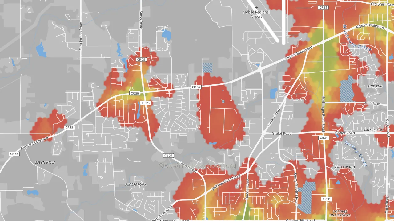 Walk Grade map of Baker, Mobile, AL, walkable areas in green and car-dependent areas in red
