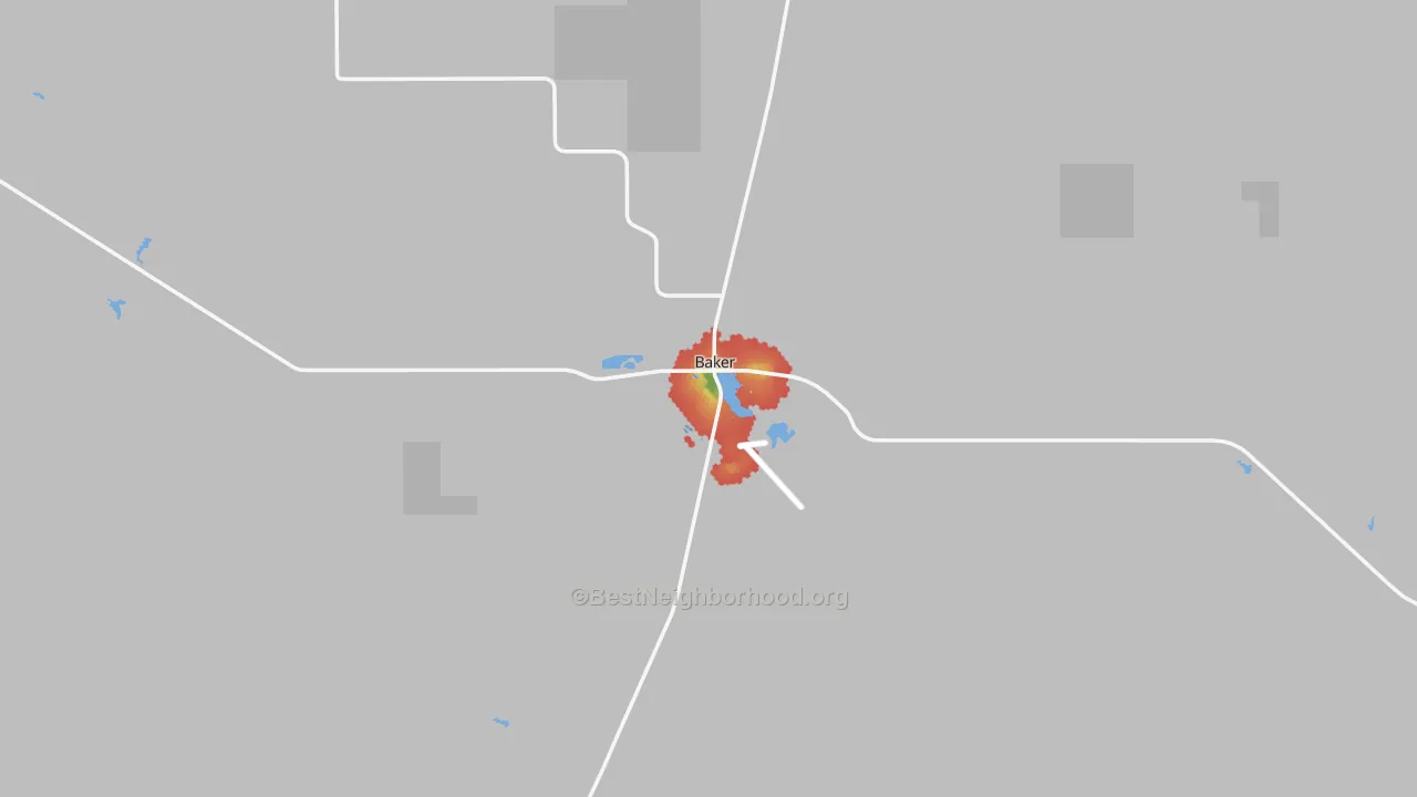 Walk Grade map of Baker, MT, walkable areas in green and car-dependent areas in red