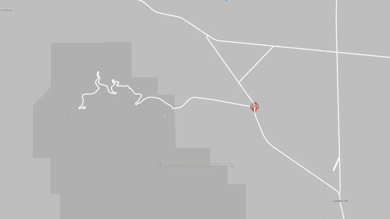 Walk Grade map of Baker, NV, walkable areas in green and car-dependent areas in red